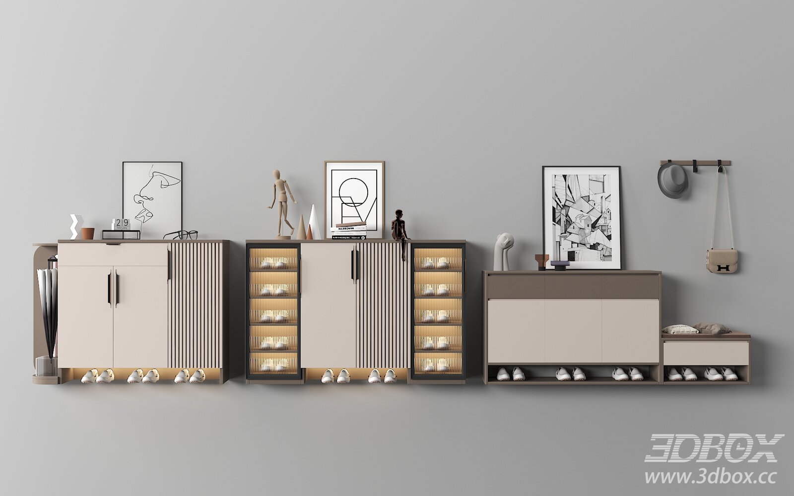Modern Wall Mounted Hallway Shoe Cabinet Set 3D model - thumbnail 1
