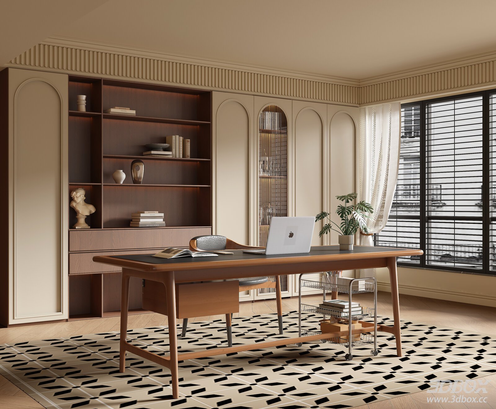 French Vintage Home Office Study Room Interior Scene 3D model - front view