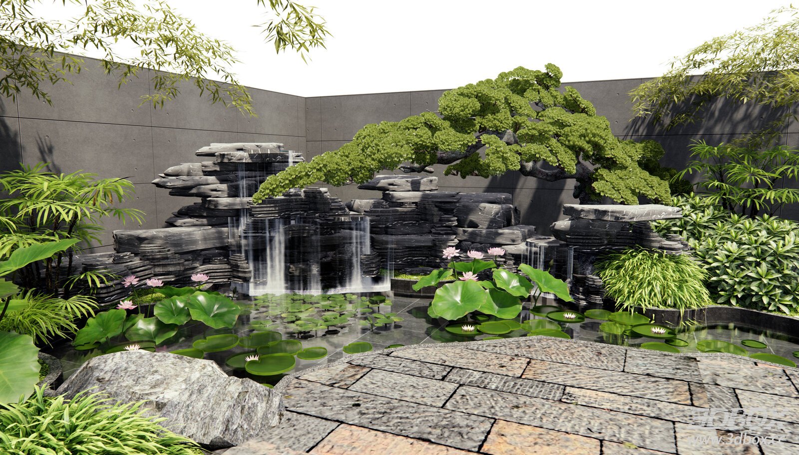 Zen Courtyard Rockery Waterfall Lotus Pond Landscape 3D model - front view