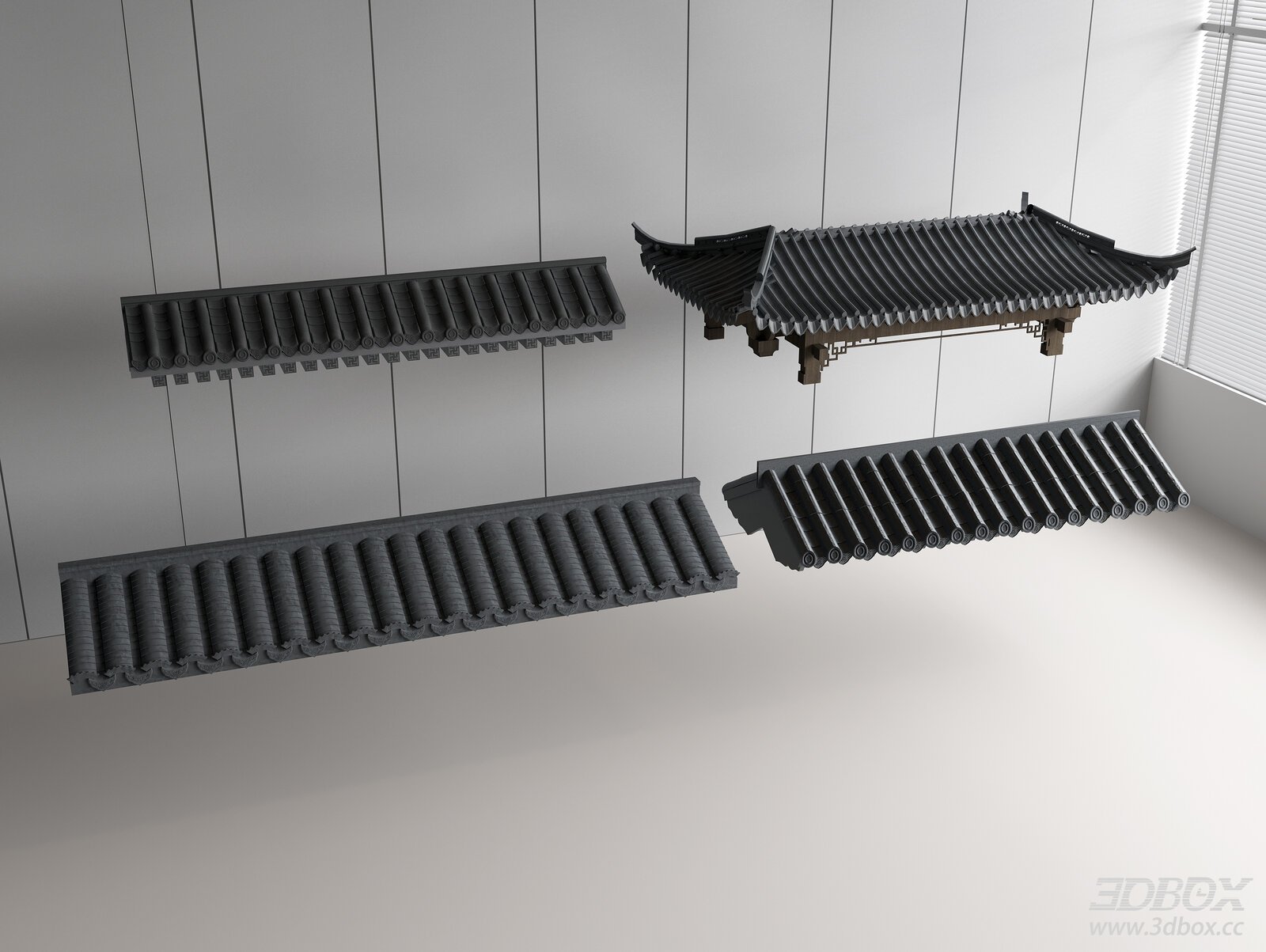 Chinese Traditional Glazed Tile Eave Roof Set 3D model - front view