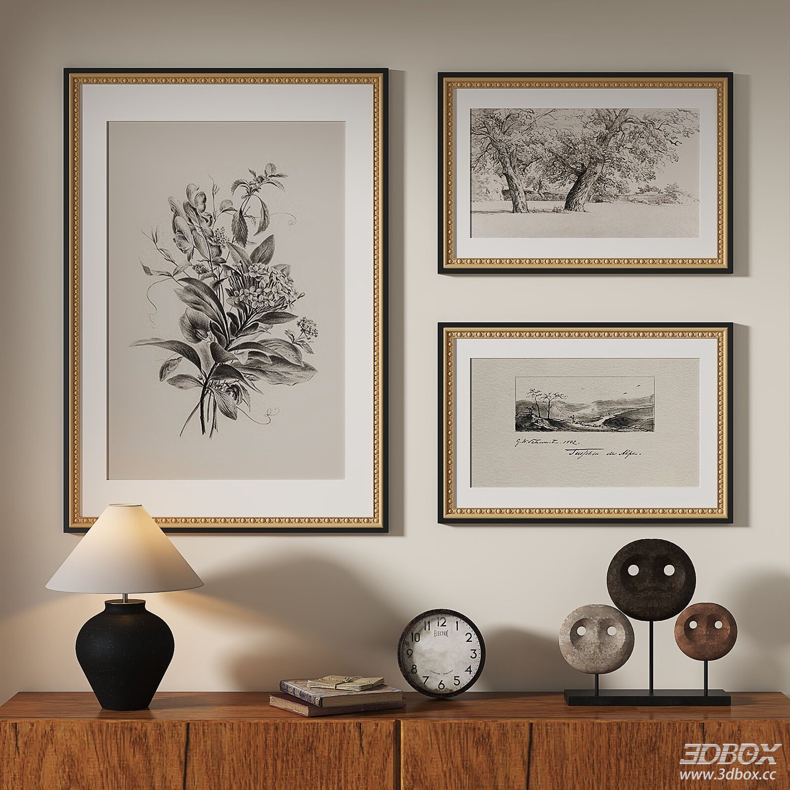 Vintage Monochrome Sketch Framed Wall Art Set 3D model - front view
