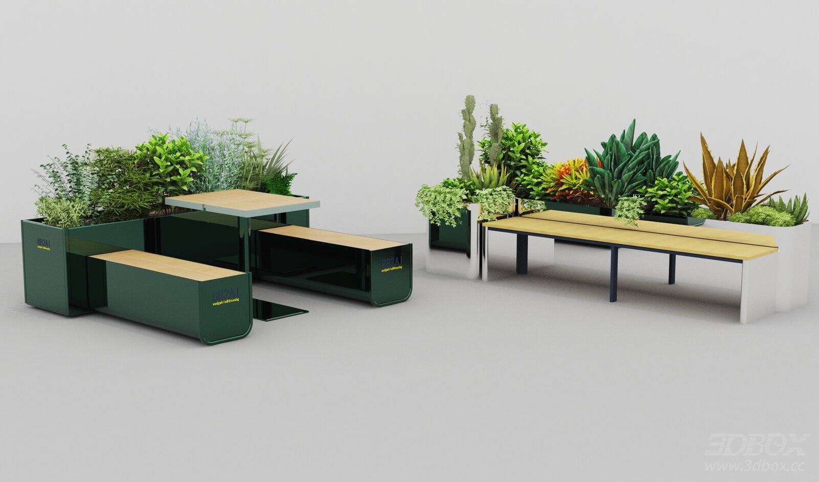 Modern Planter Bench Set with Greenery Plants 3D model - front view