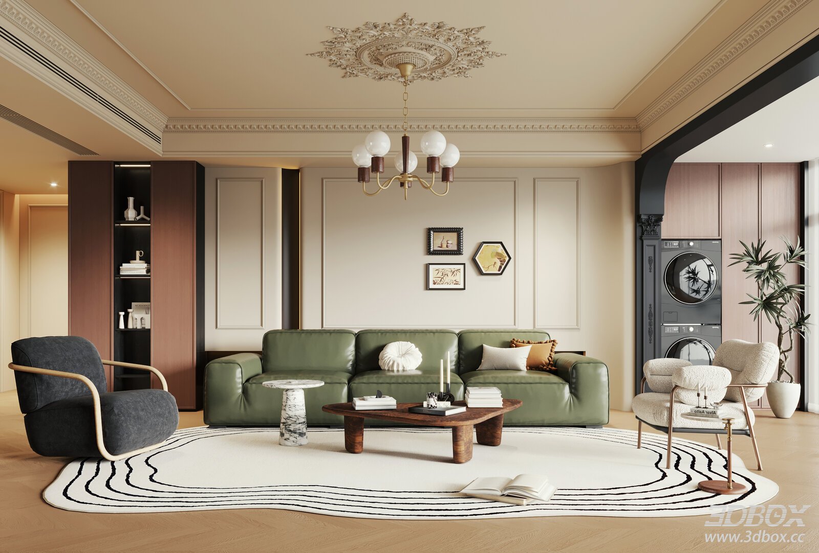 French Vintage Luxury Living Room with Green Leather Sofa 3D model - front view