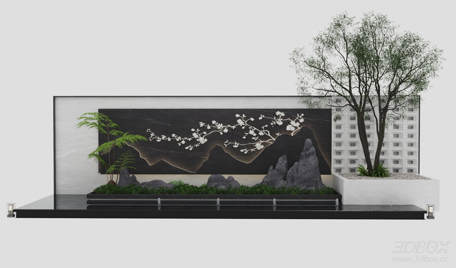 Modern Courtyard Water Feature Landscape Wall 3D model - front view
