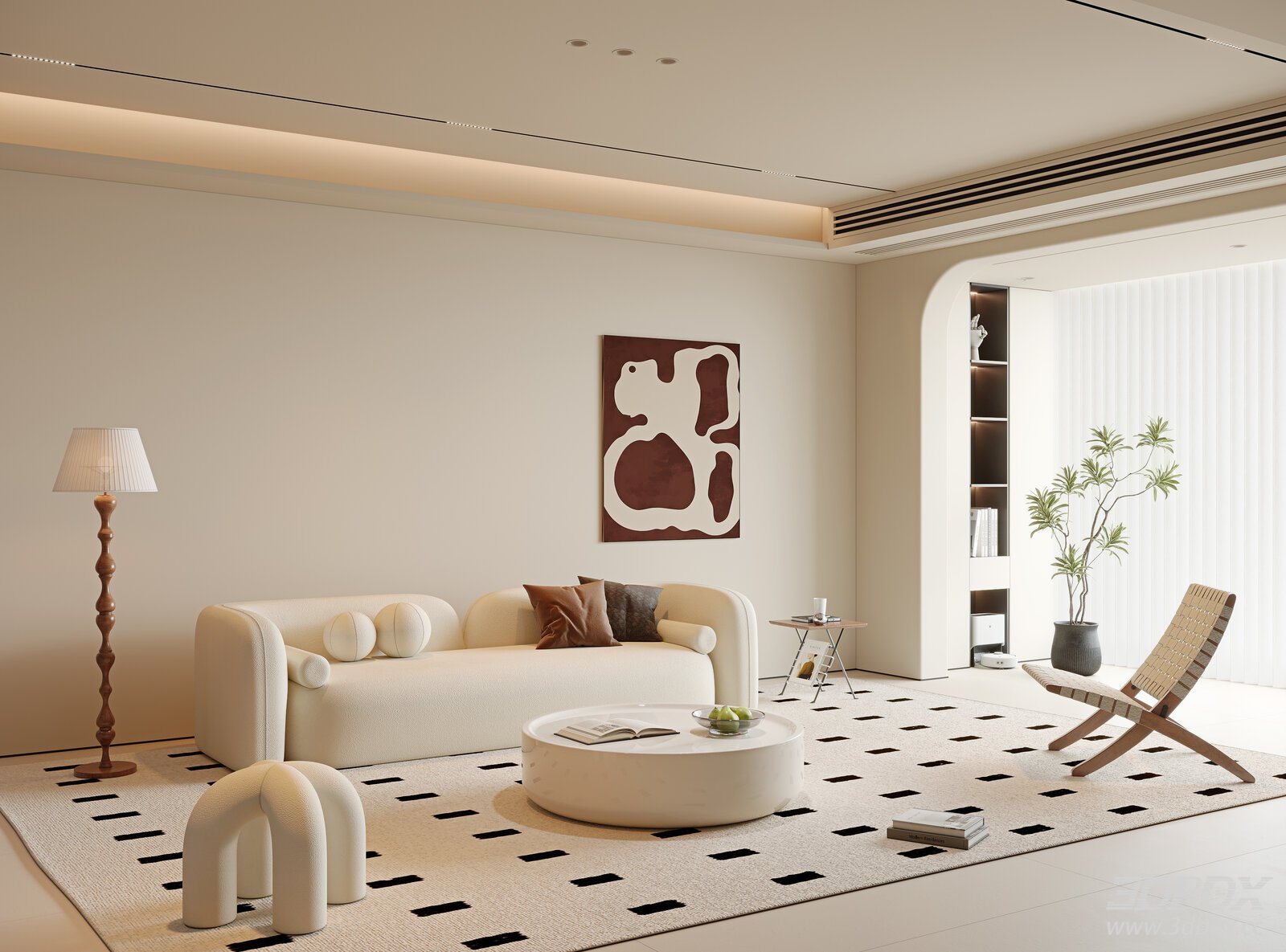 Modern Cream Style Minimalist Living Room Interior 3D model - front view