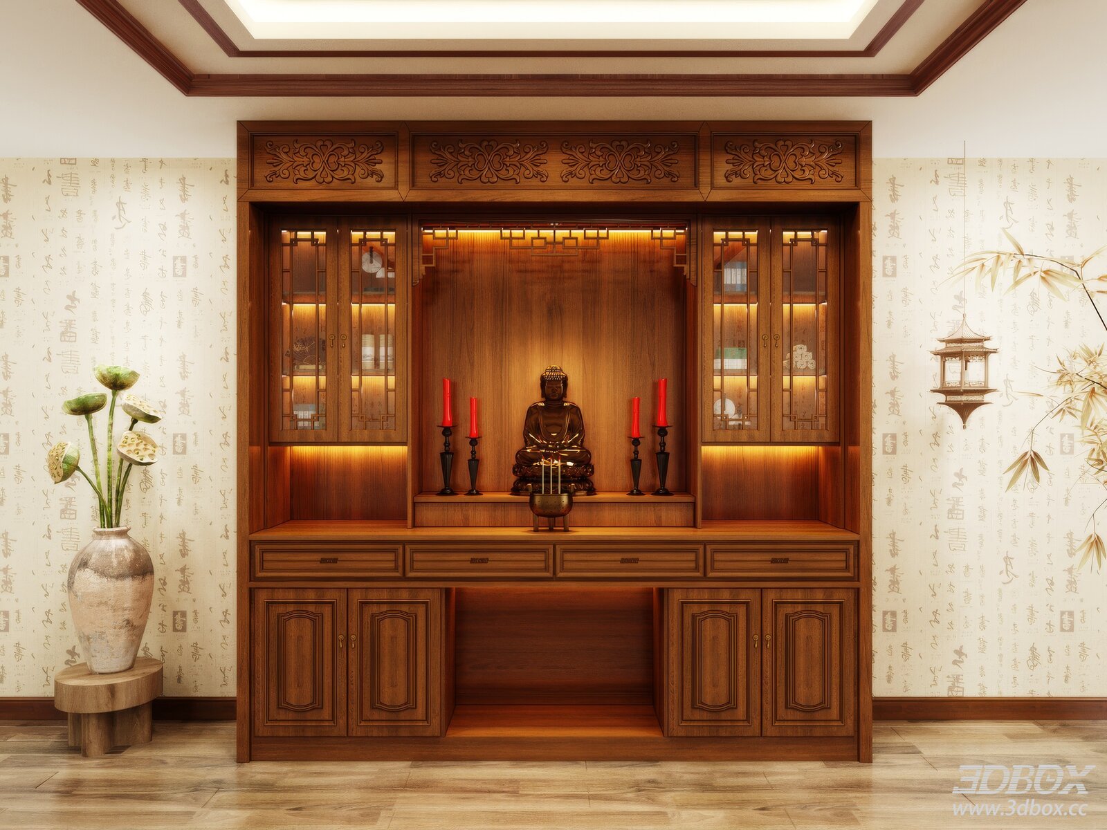 Traditional Chinese Wooden Altar Cabinet with Buddha Statue 3D model - front view