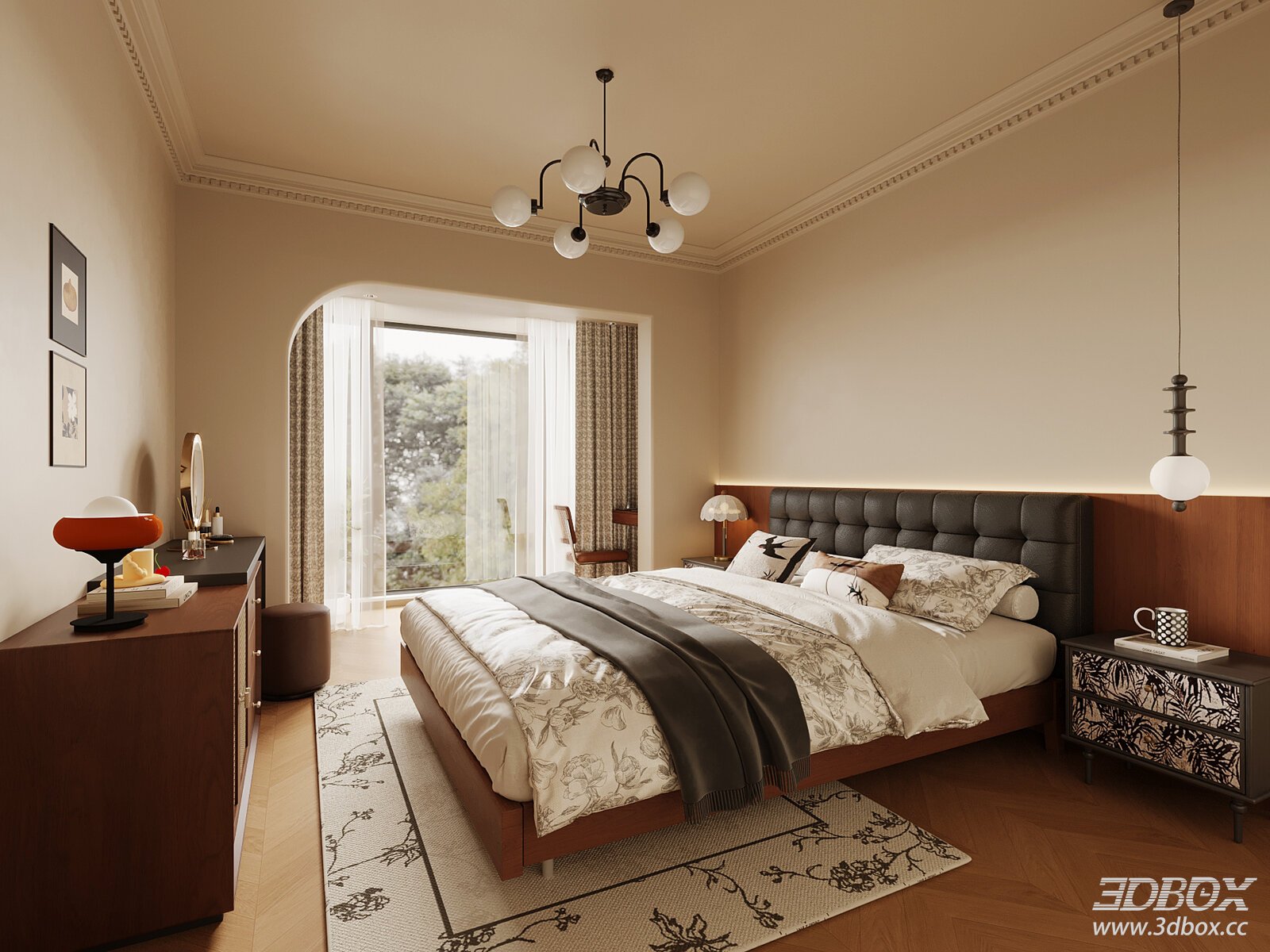Mid Century Modern Bedroom Scene with Double Bed and Dressing Table 3D model - front view