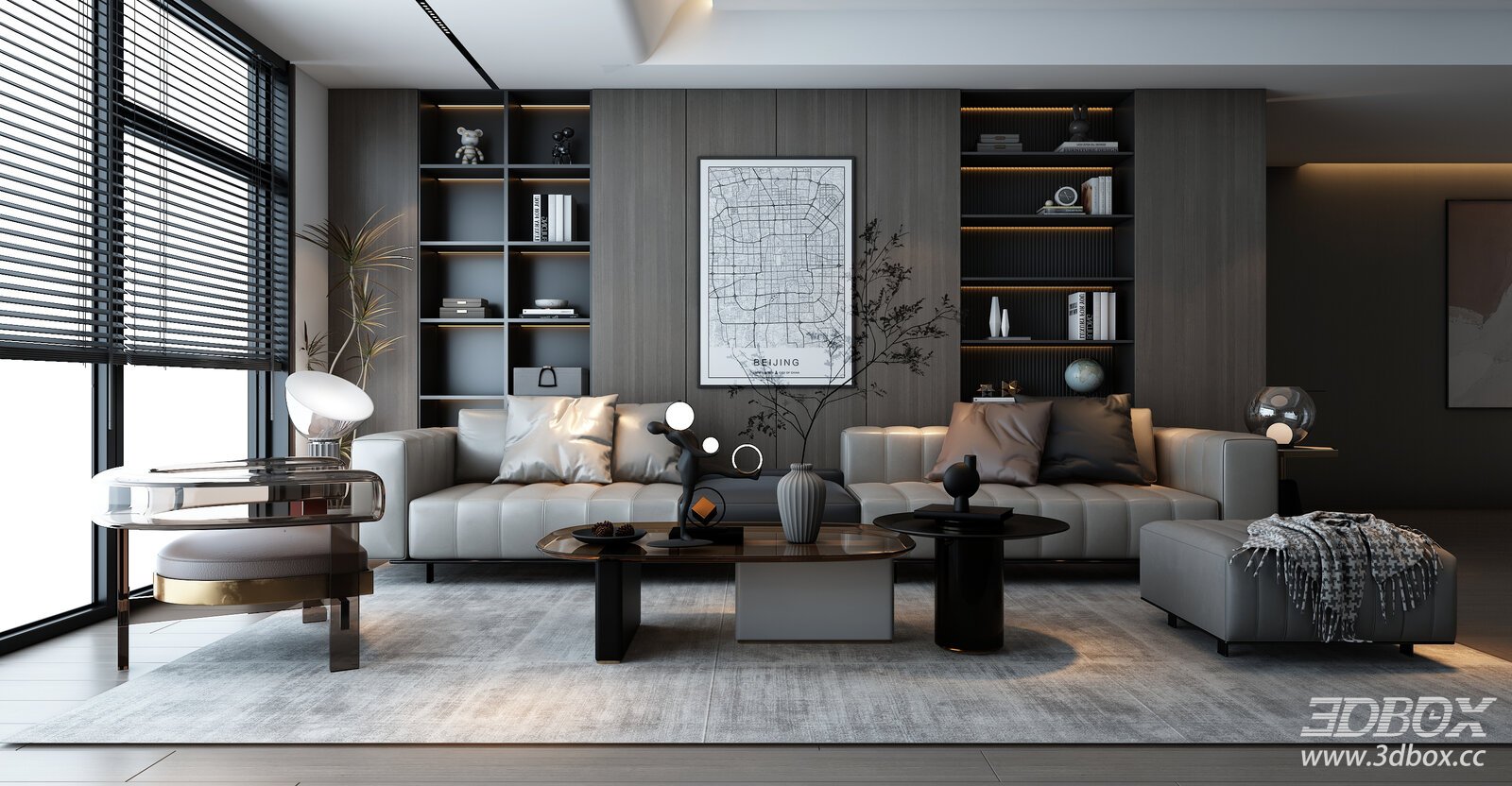 Modern Minimalist Leather Sofa Living Room Scene 3D model - front view