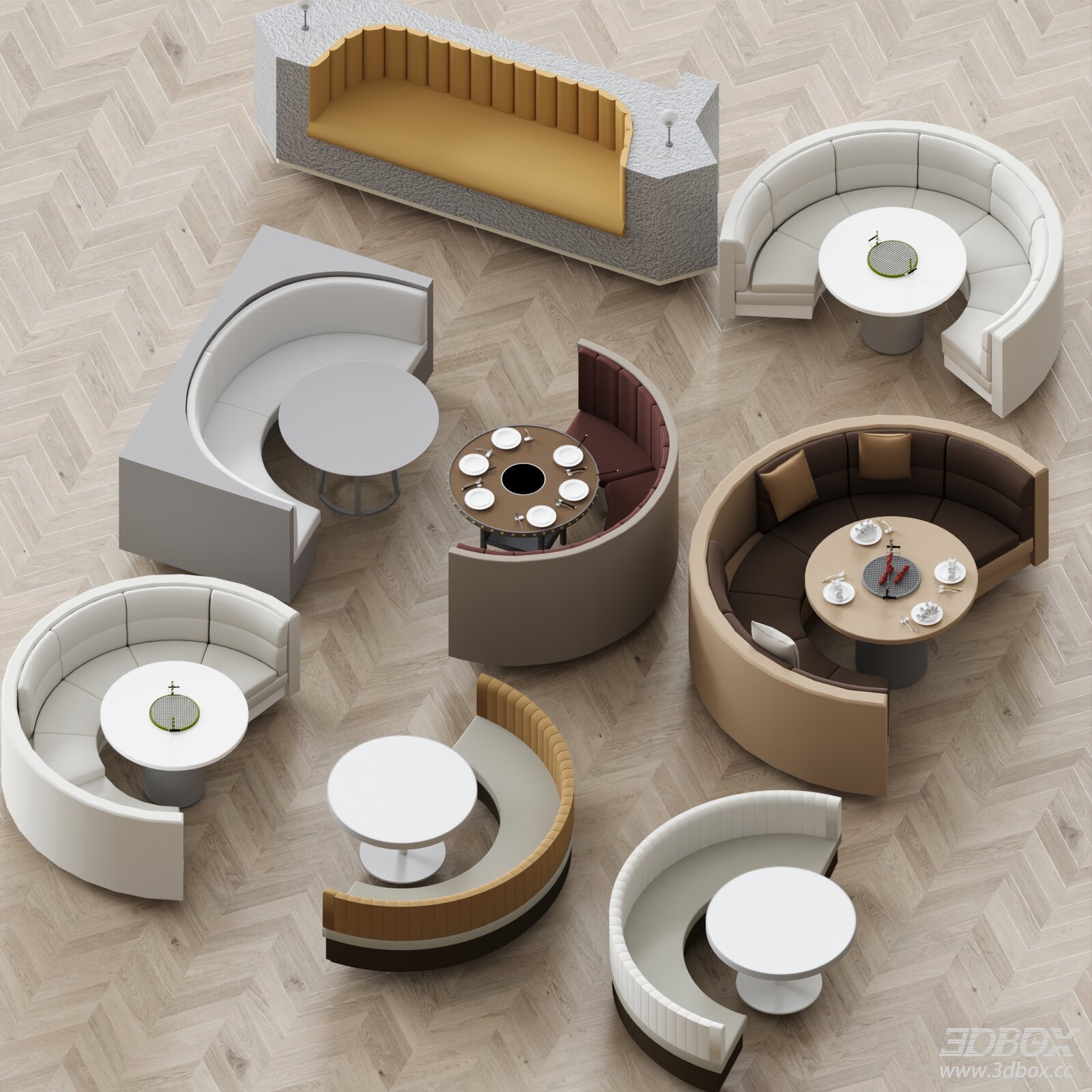 Modern Restaurant Booth Sofa and Round Dining Table Set 3D model - front view