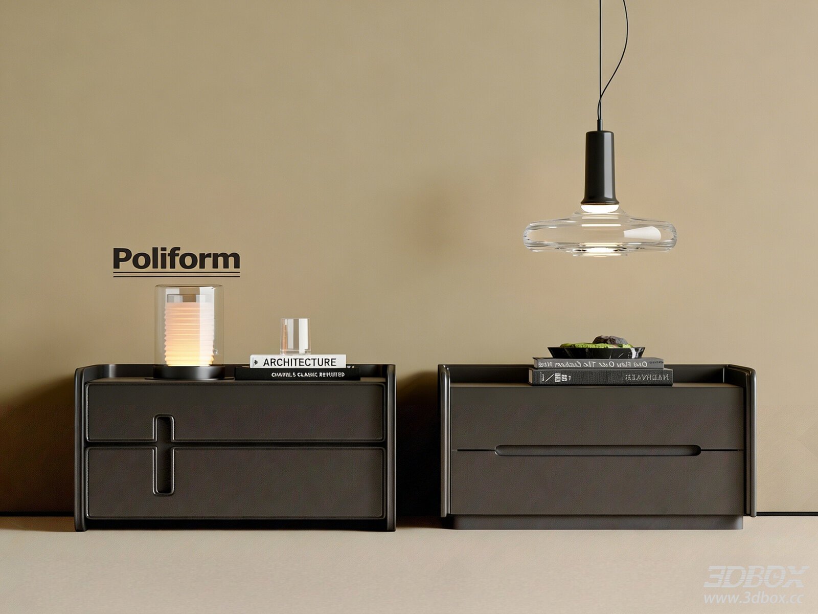Modern Italian Style Leather Nightstand Set with Decor 3D model - front view