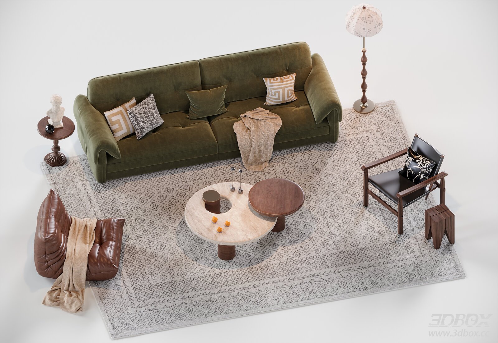 Mid Century Modern Velvet Sofa Set Living Room Furniture 3D model - front view