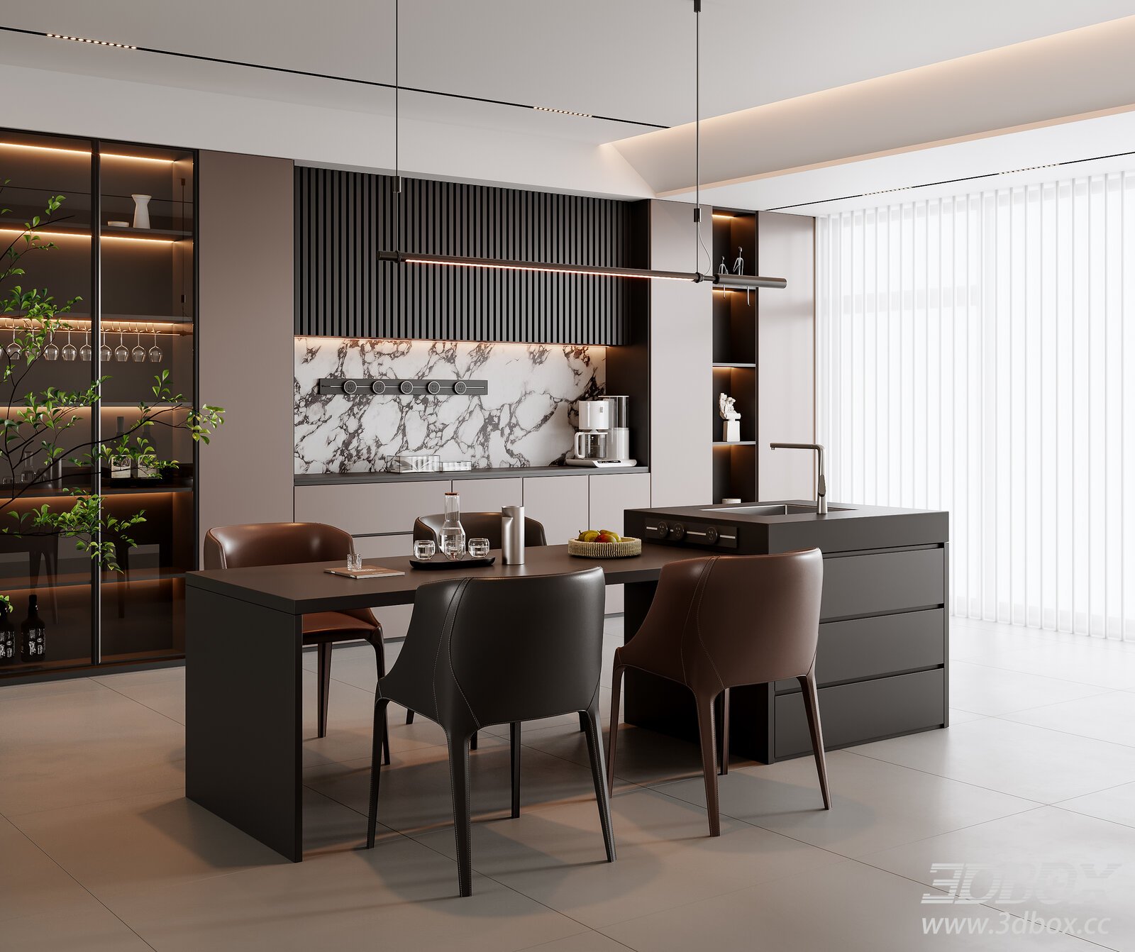Modern Italian Style Kitchen and Dining Room 3D model - thumbnail 1