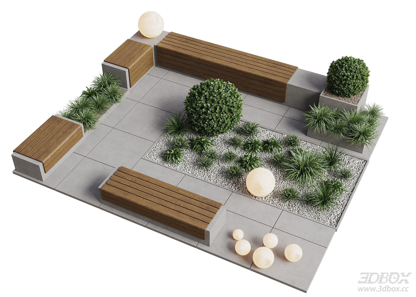 Modern Courtyard Landscape with Wooden Benches and Green Plants 3D model - front view
