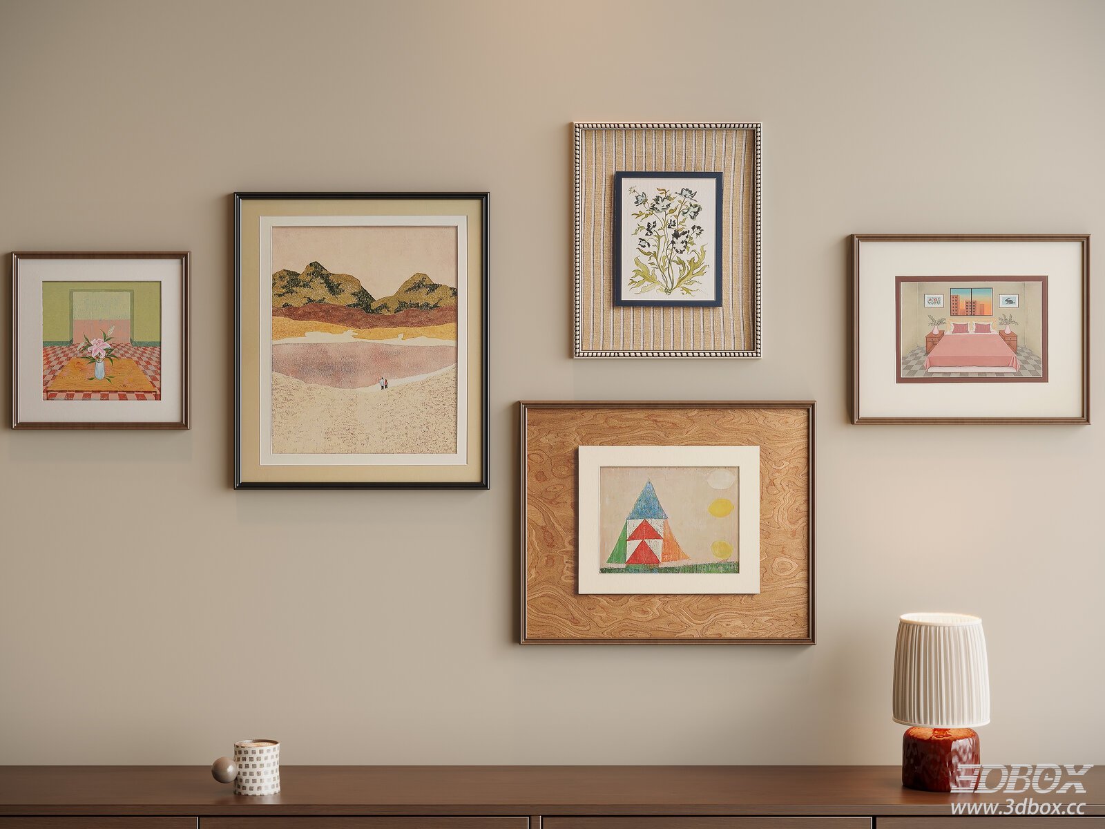 Mid Century Vintage Framed Art Gallery Wall Set 3D model - front view