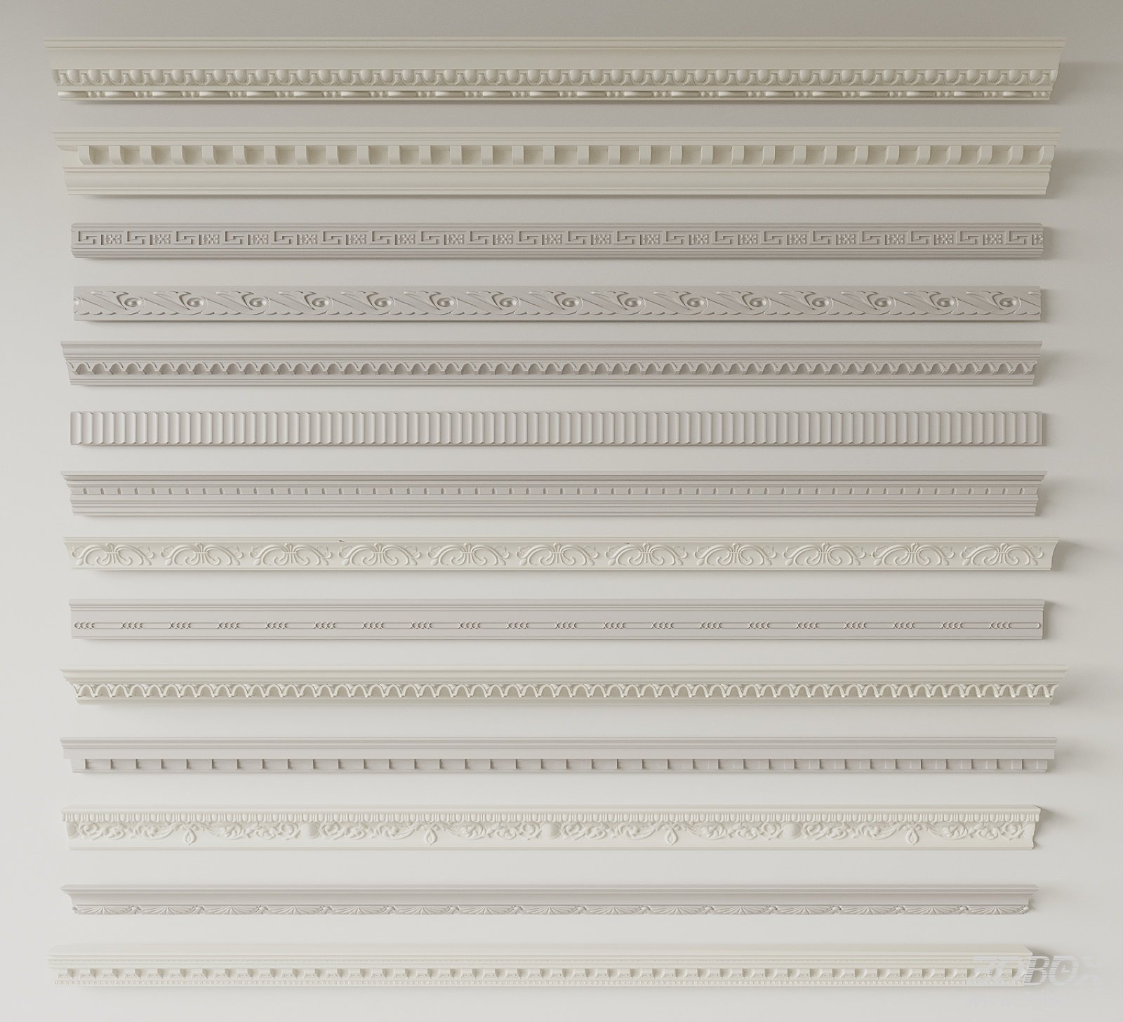Classic French Style Decorative Gypsum Cornice Molding Set 3D model - front view