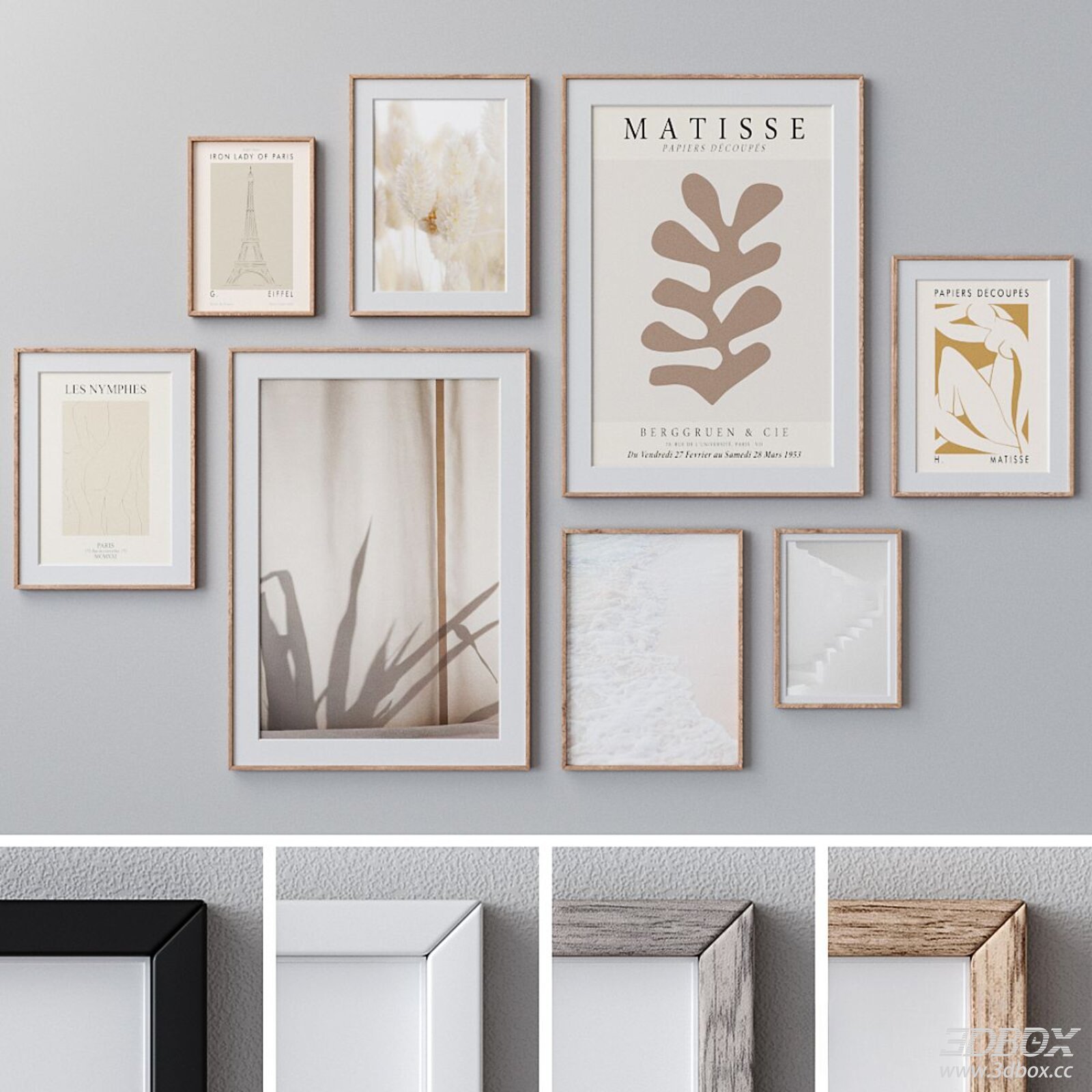 Modern Neutral Gallery Wall Wooden Picture Frame Set 3D model - front view