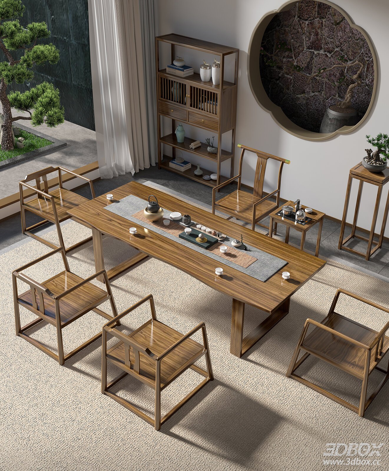 New Chinese Style Tea Room Scene with Wooden Tea Table 3D model - front view
