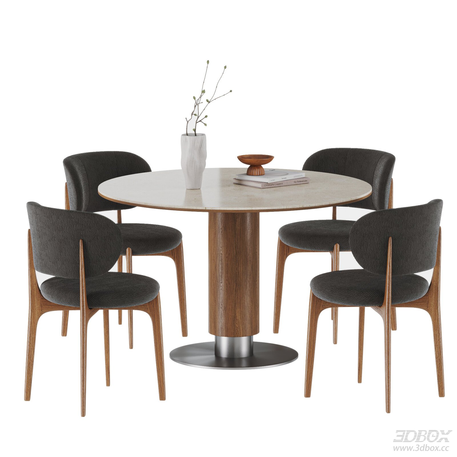 Mid-century Modern Round Dining Table and Chairs Set 3D model - front view