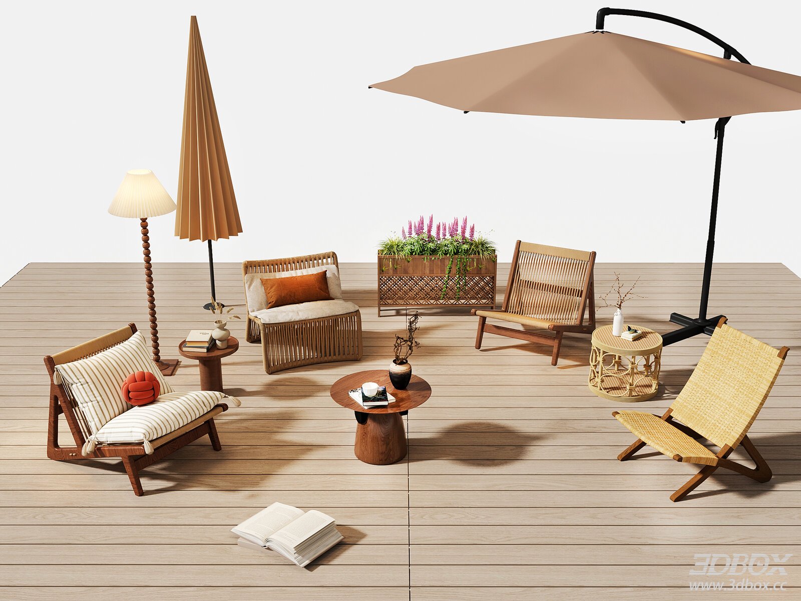Modern Outdoor Patio Rattan Lounge Furniture Set 3D model - front view