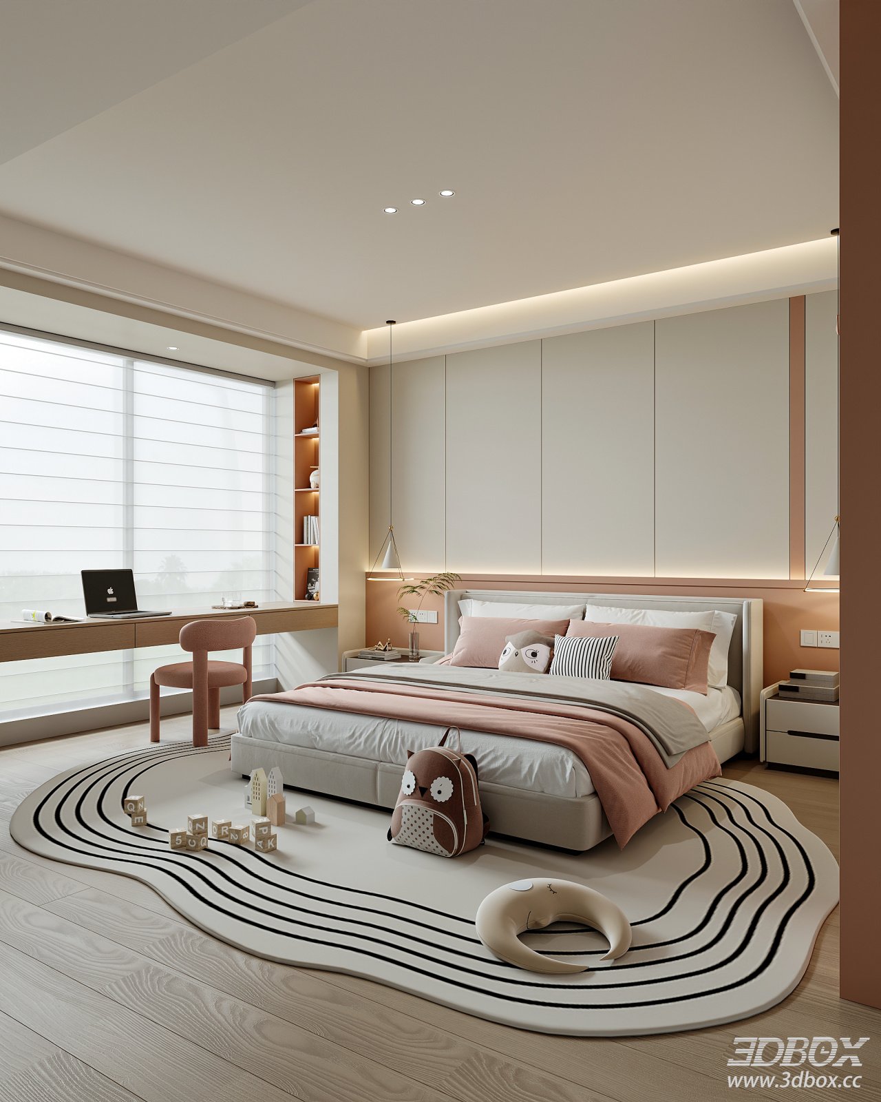 Modern Cream Style Kids Bedroom with Double Bed and Study Nook 3D model - front view