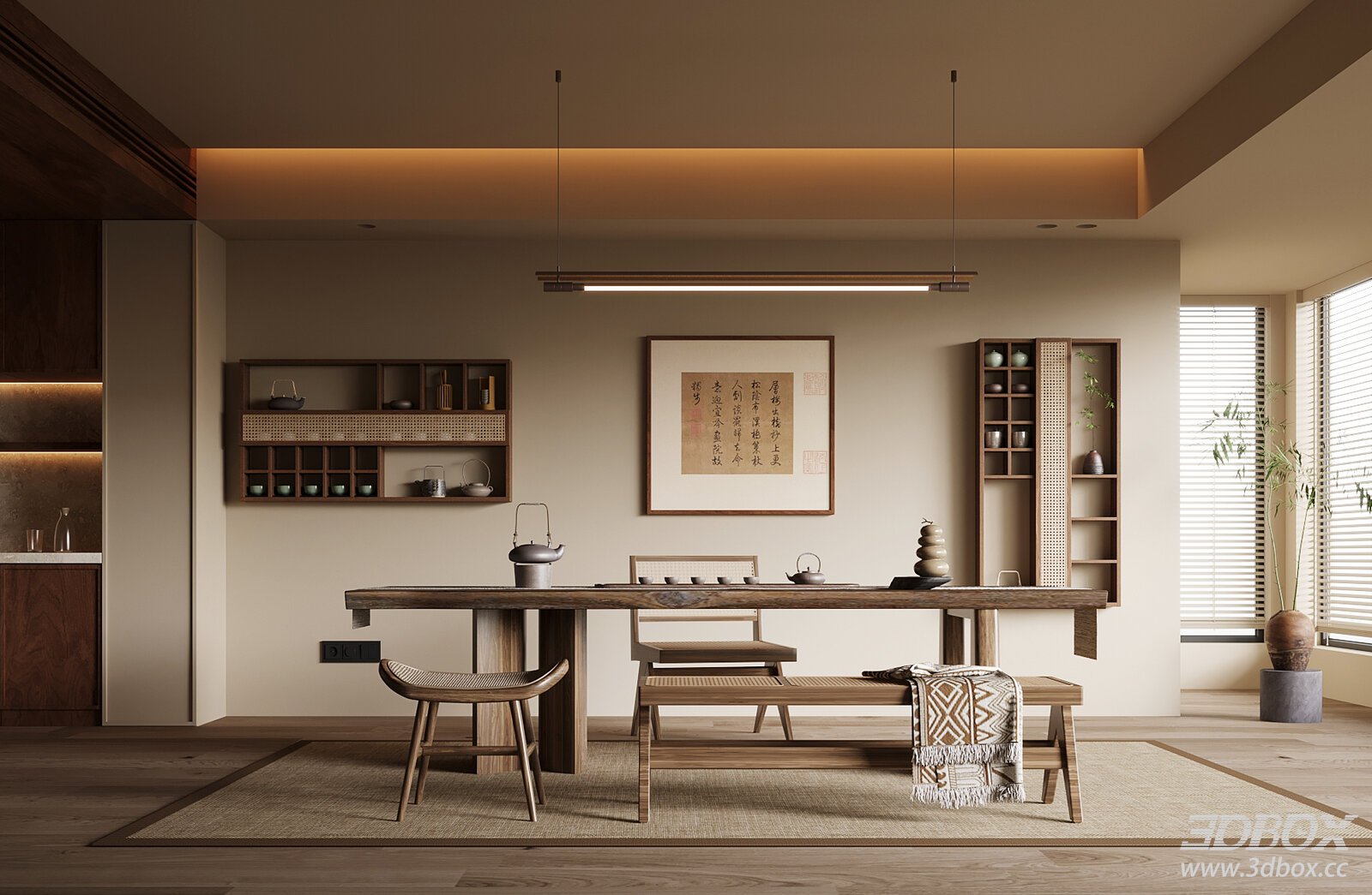 New Chinese Style Tea Room with Tea Table and Display Shelves 3D model - front view