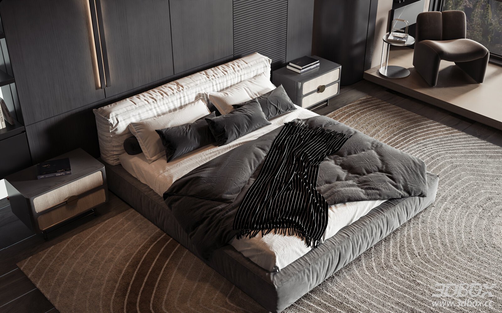 Modern Luxury Dark Tone Double Bedroom Scene 3D model - front view