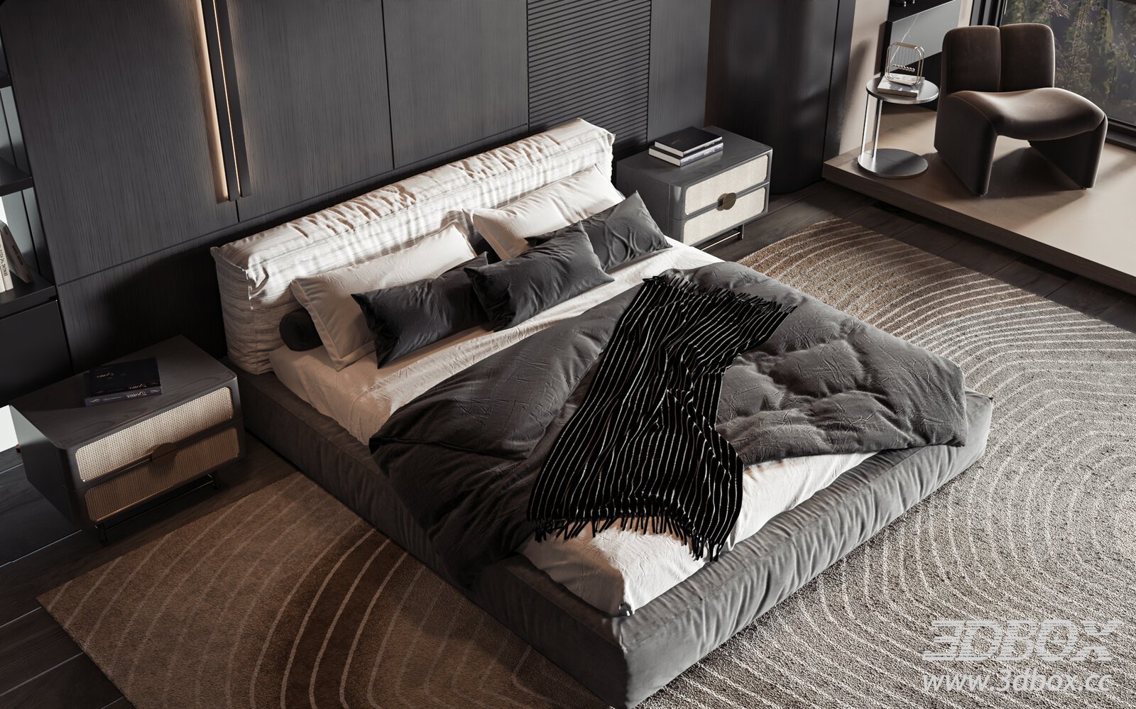 Modern Luxury Dark Tone Double Bedroom Scene 3D model - thumbnail 1