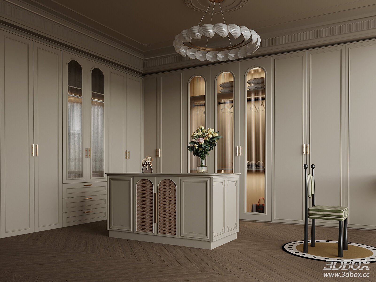 French Cream Style Walk-in Closet Dressing Room 3D model - front view