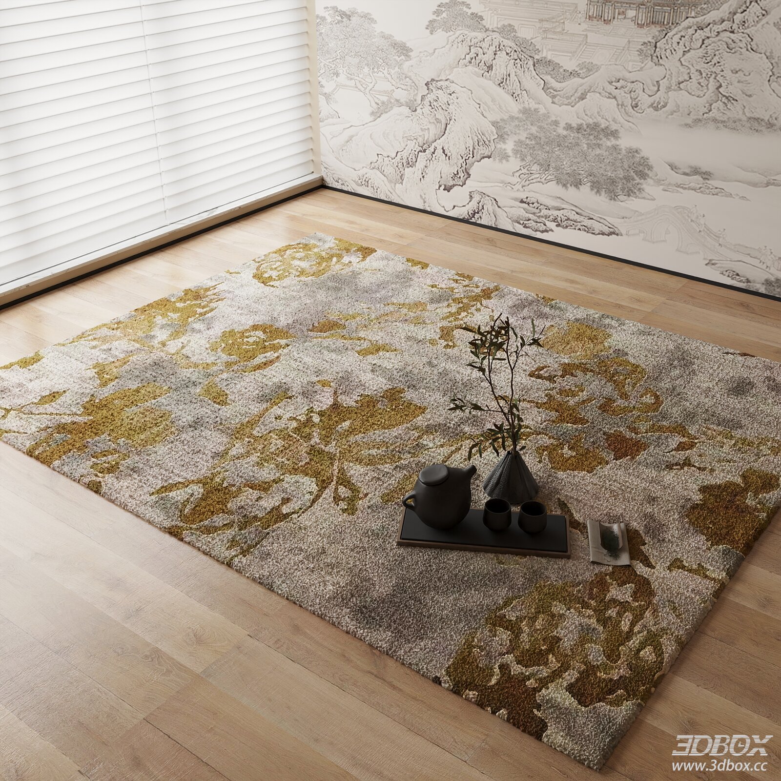 New Chinese Style Floral Pattern Plush Carpet 3D model - front view