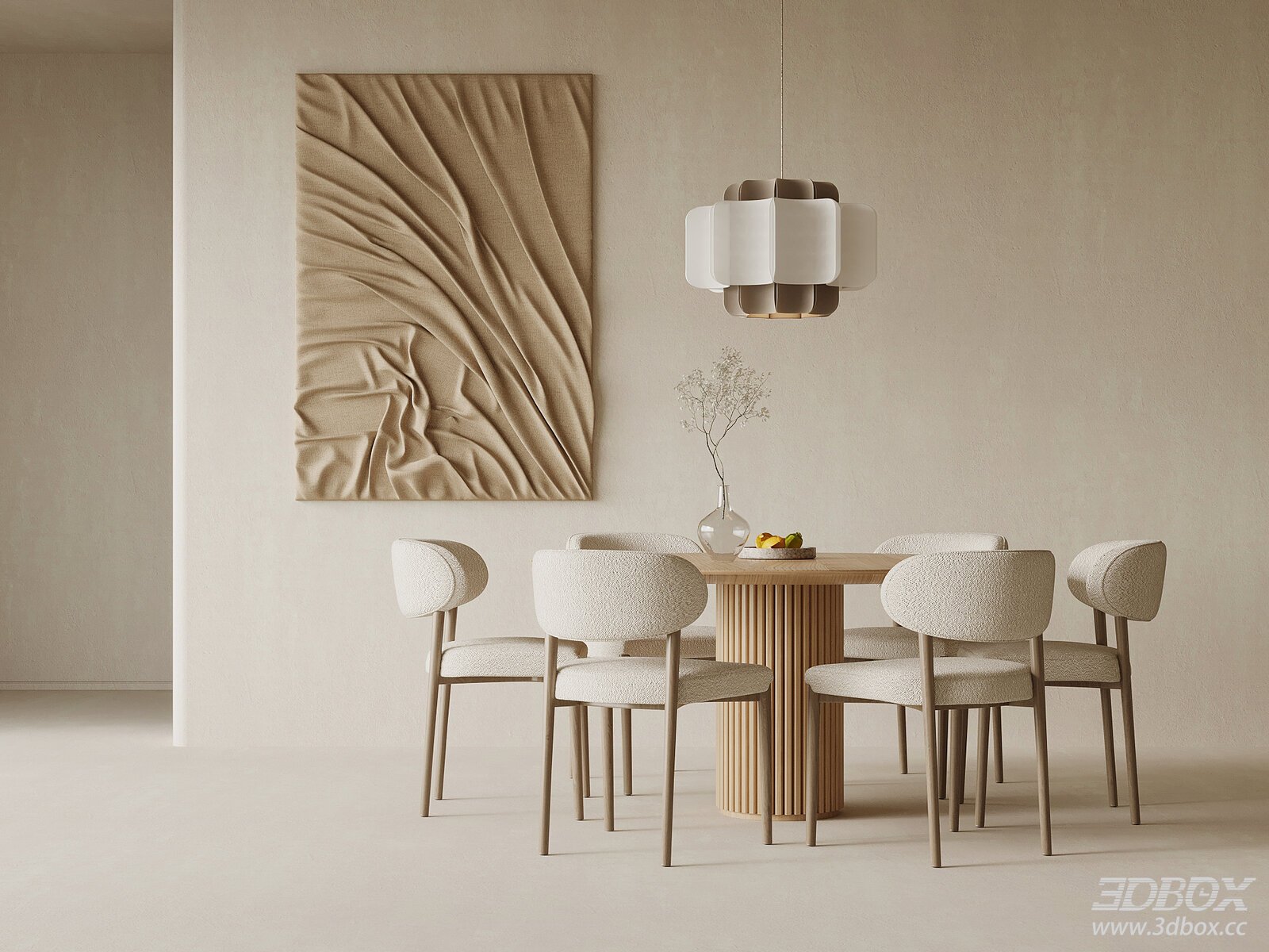 Modern Cream Style Round Wooden Dining Table and Chairs Set 3D model - front view