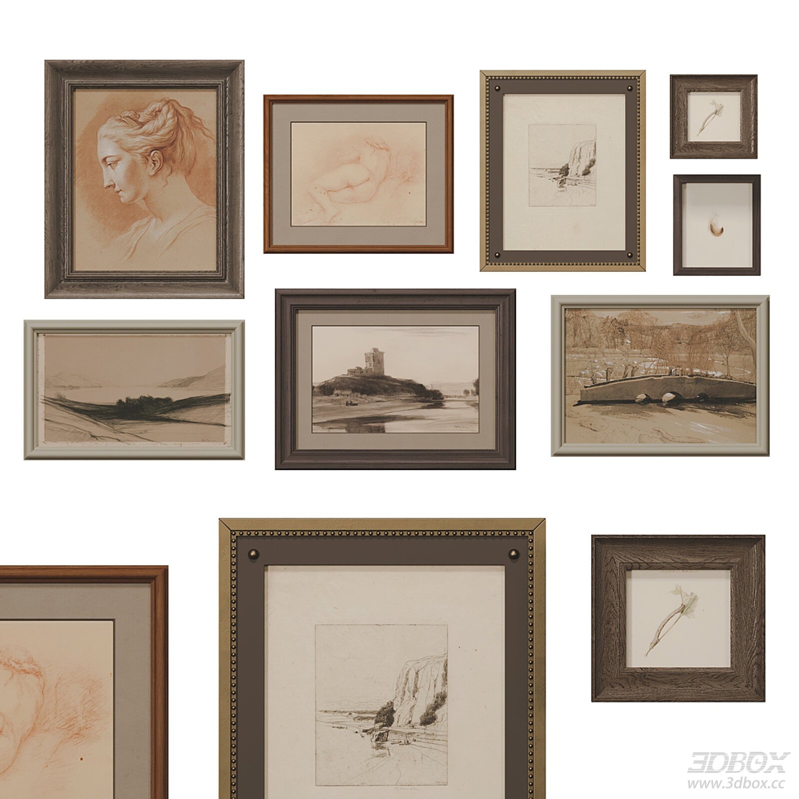 Vintage Wooden Framed Sketch Art Set 3D model - front view