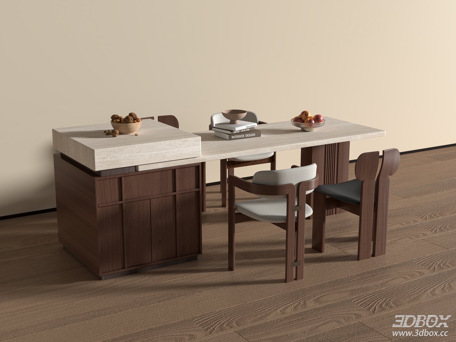 Mid Century Modern Dining Table and Chairs with Kitchen Island 3D model - front view