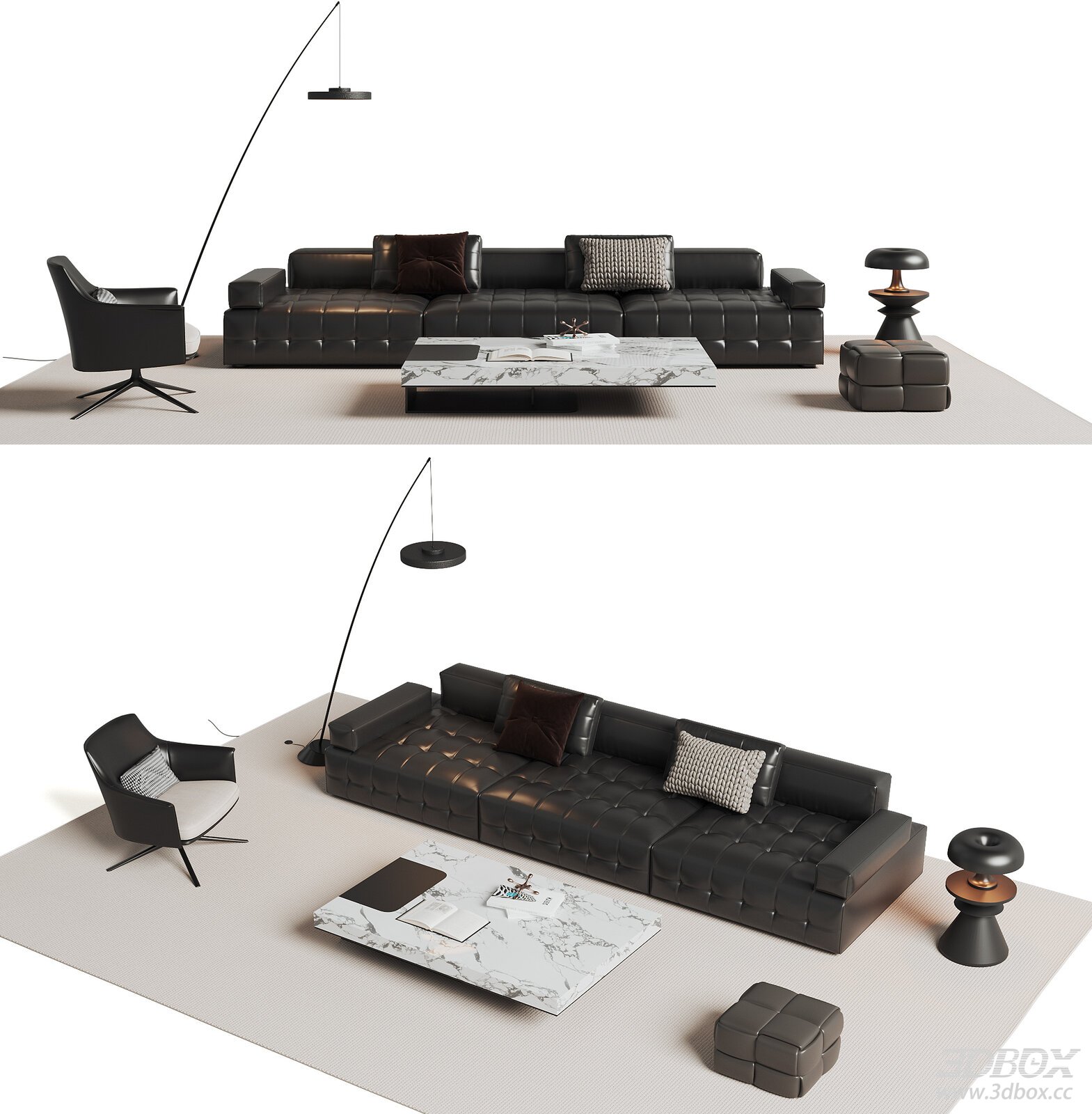 Modern Black Leather Sofa Set with Coffee Table and Armchair 3D model - front view