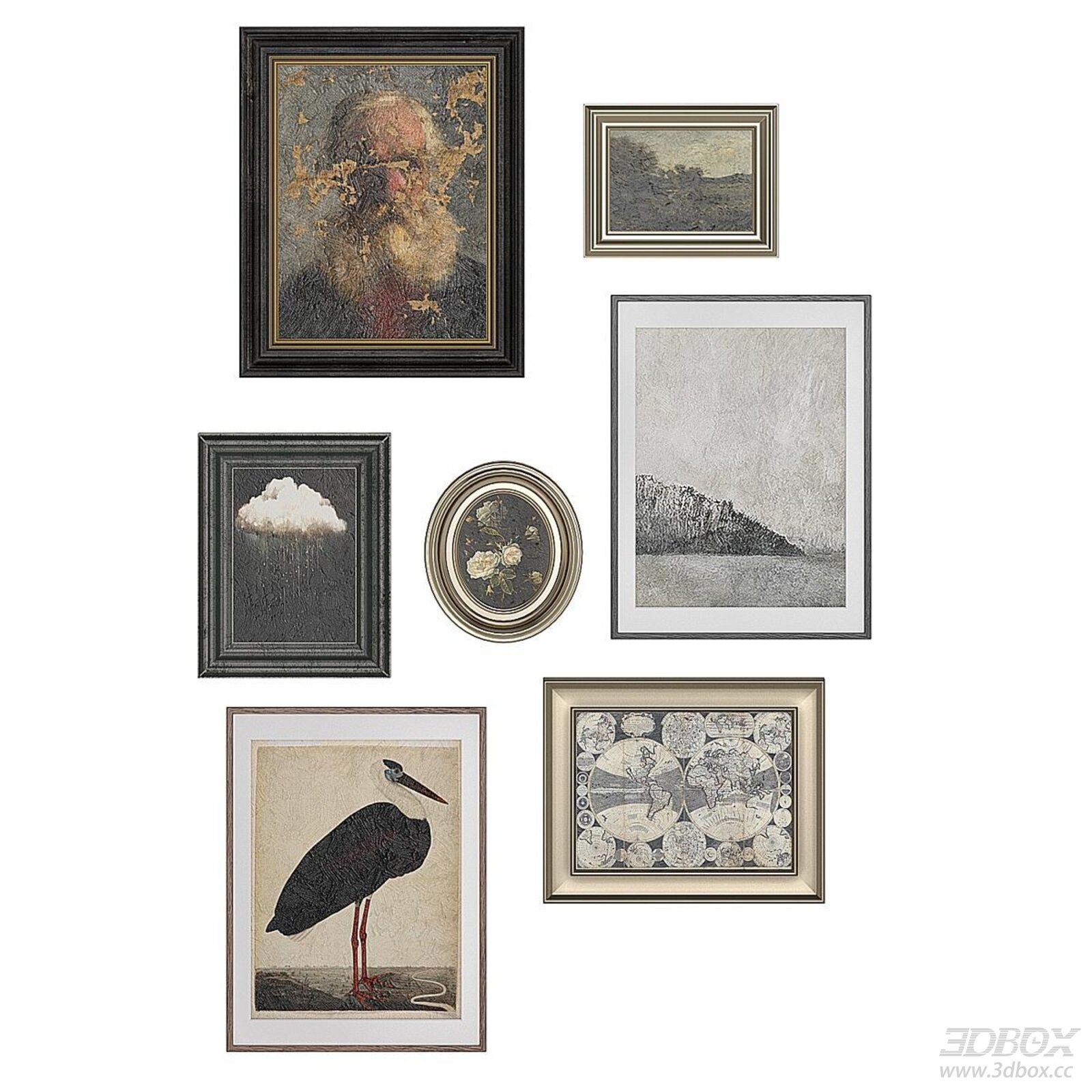 Vintage Framed Art Painting Set Antique Wall Decor 3D model - front view