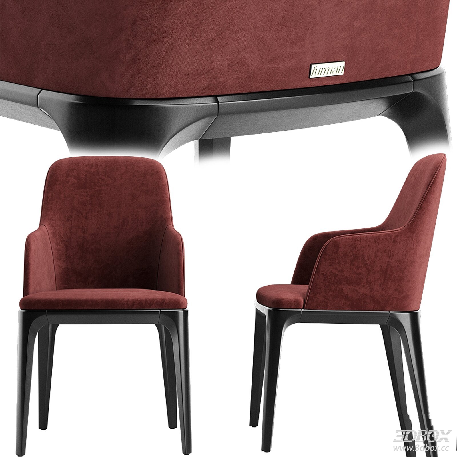 Modern Velvet Upholstered Dining Chair with Wooden Legs 3D model - front view