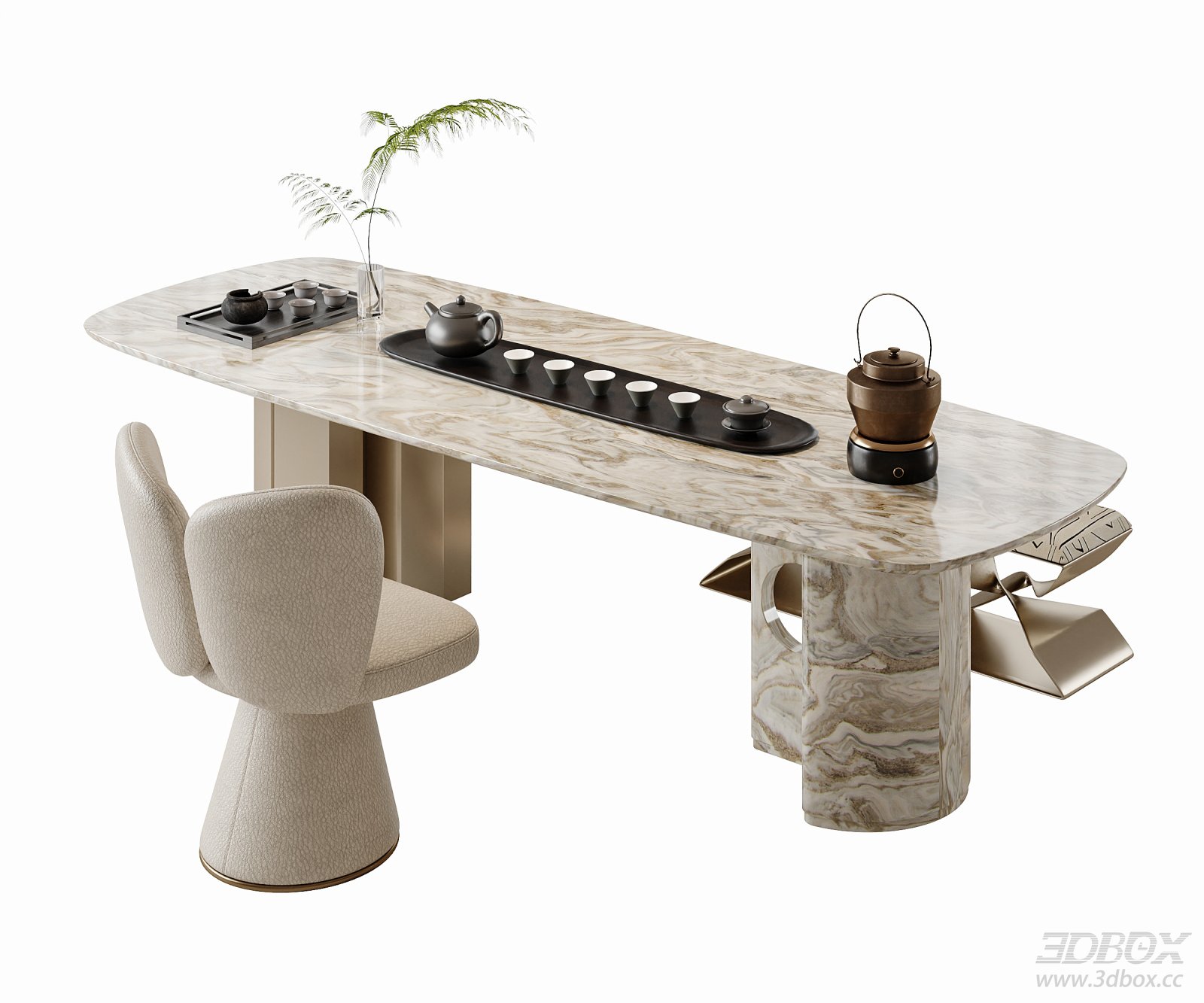 Luxury Marble Tea Table with Armchair and Tea Set 3D model - front view