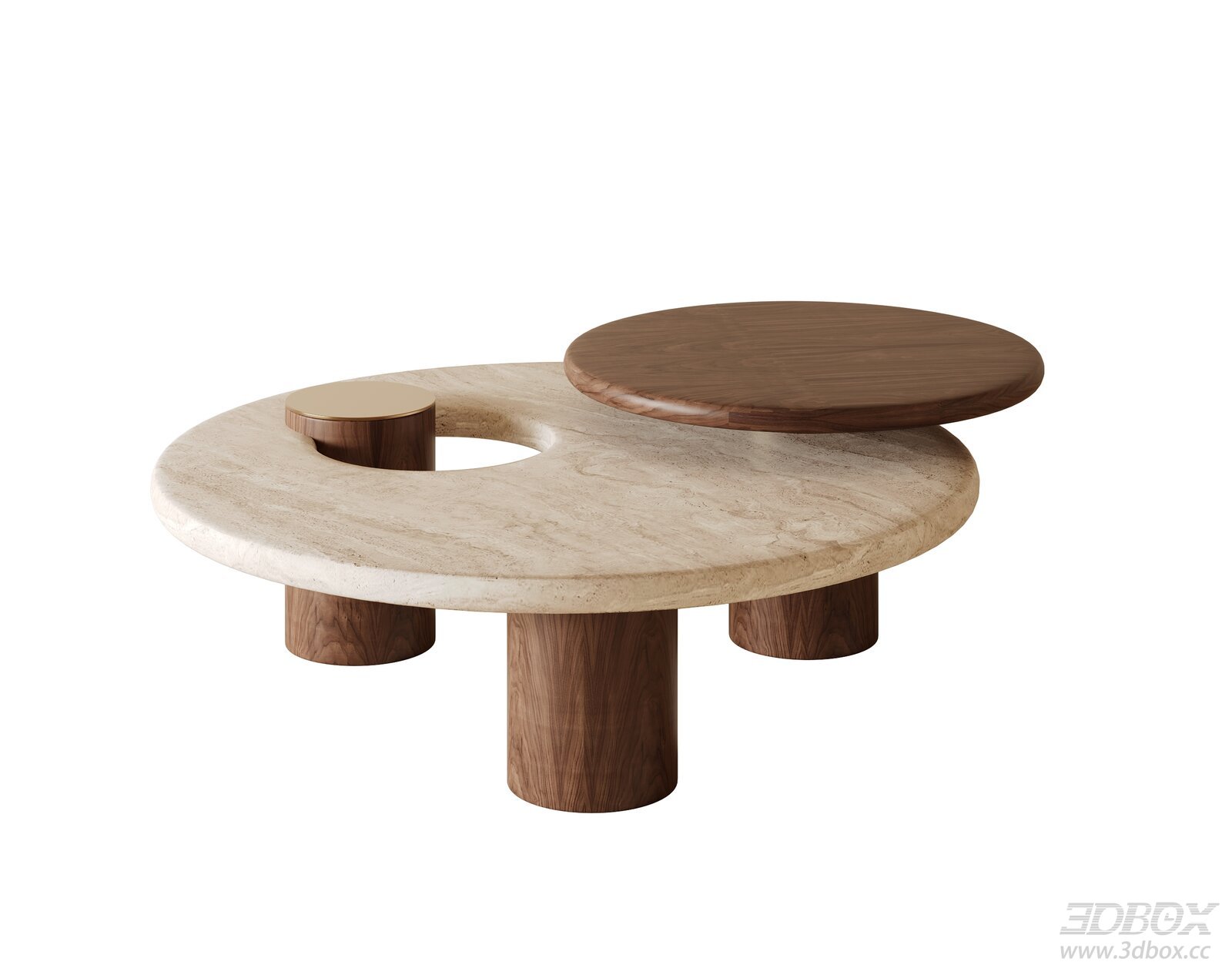 Mid Century Modern Round Travertine Walnut Coffee Table 3D model - front view