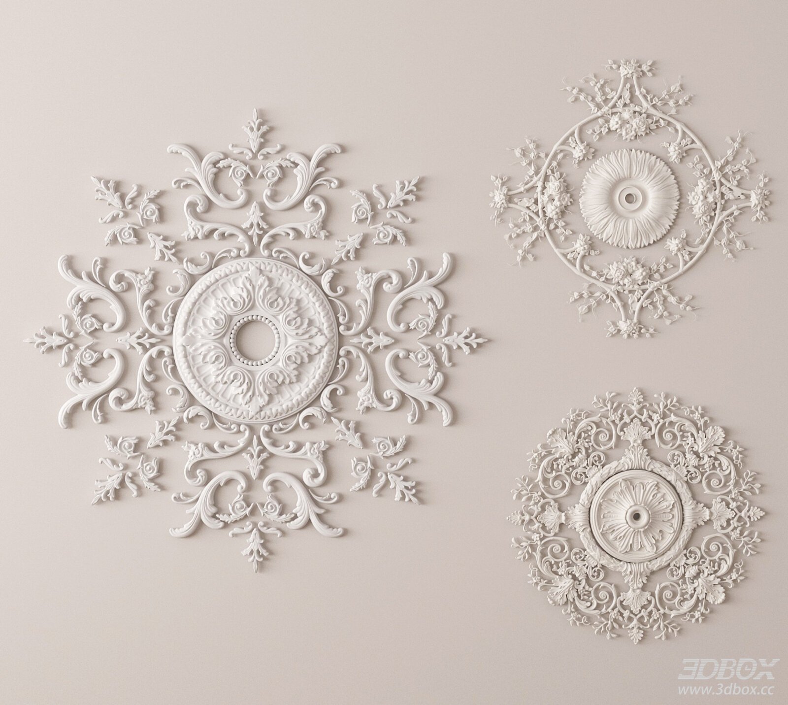 French Style Ornate Decorative Plaster Ceiling Rosette Set 3D model - front view
