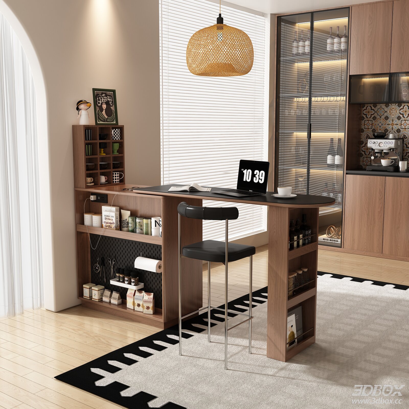 Mid Century Kitchen Dining Room with Wooden Island Bar 3D model - front view