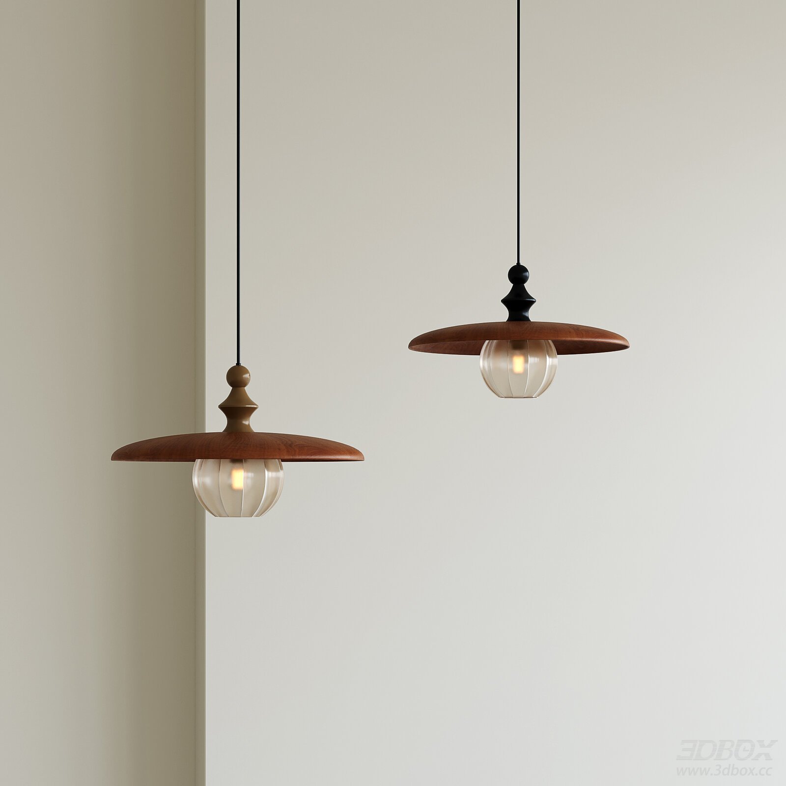 Wabi Sabi Mid Century Wooden Glass Pendant Ceiling Lamp 3D model - front view