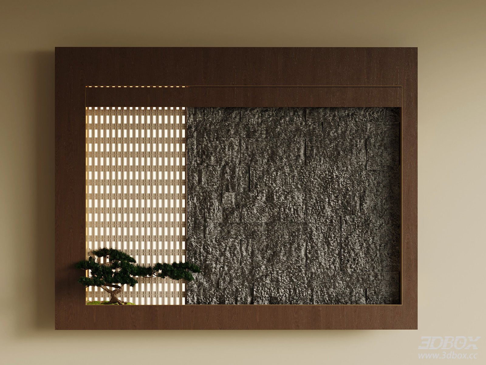 New Chinese Style Decorative Wall Panel with Bonsai 3D model - front view