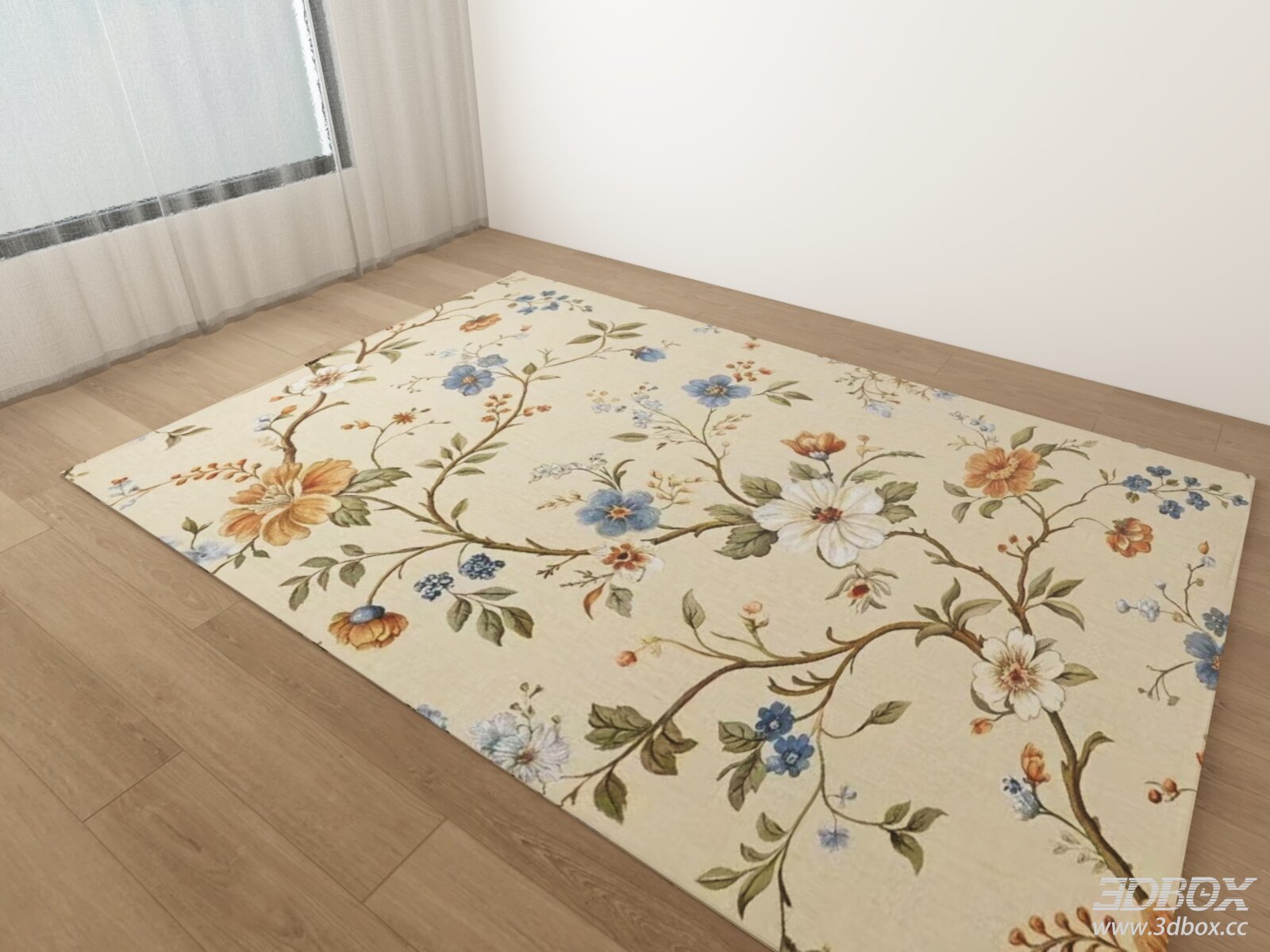 Vintage Floral Pattern Beige Carpet 3D model - front view