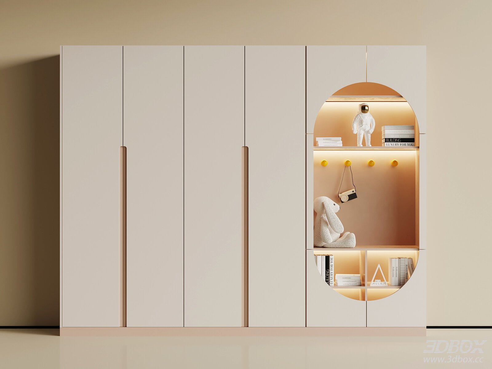 Modern Cream Children Wardrobe with Display Niche and Built-in Light 3D model - front view