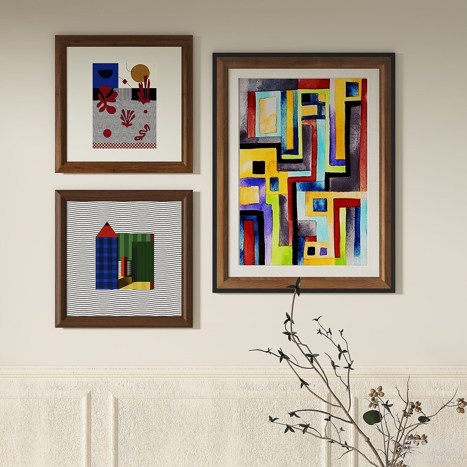 Set of 3 Abstract Colorful Wall Art Wooden Picture Frames 3D model - front view
