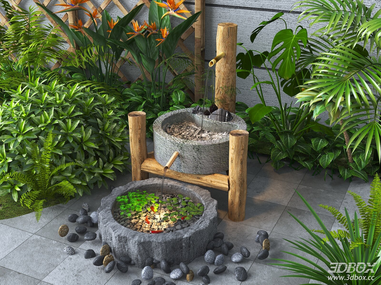 New Chinese Style Zen Stone Trough Water Feature Courtyard Decor 3D model - front view
