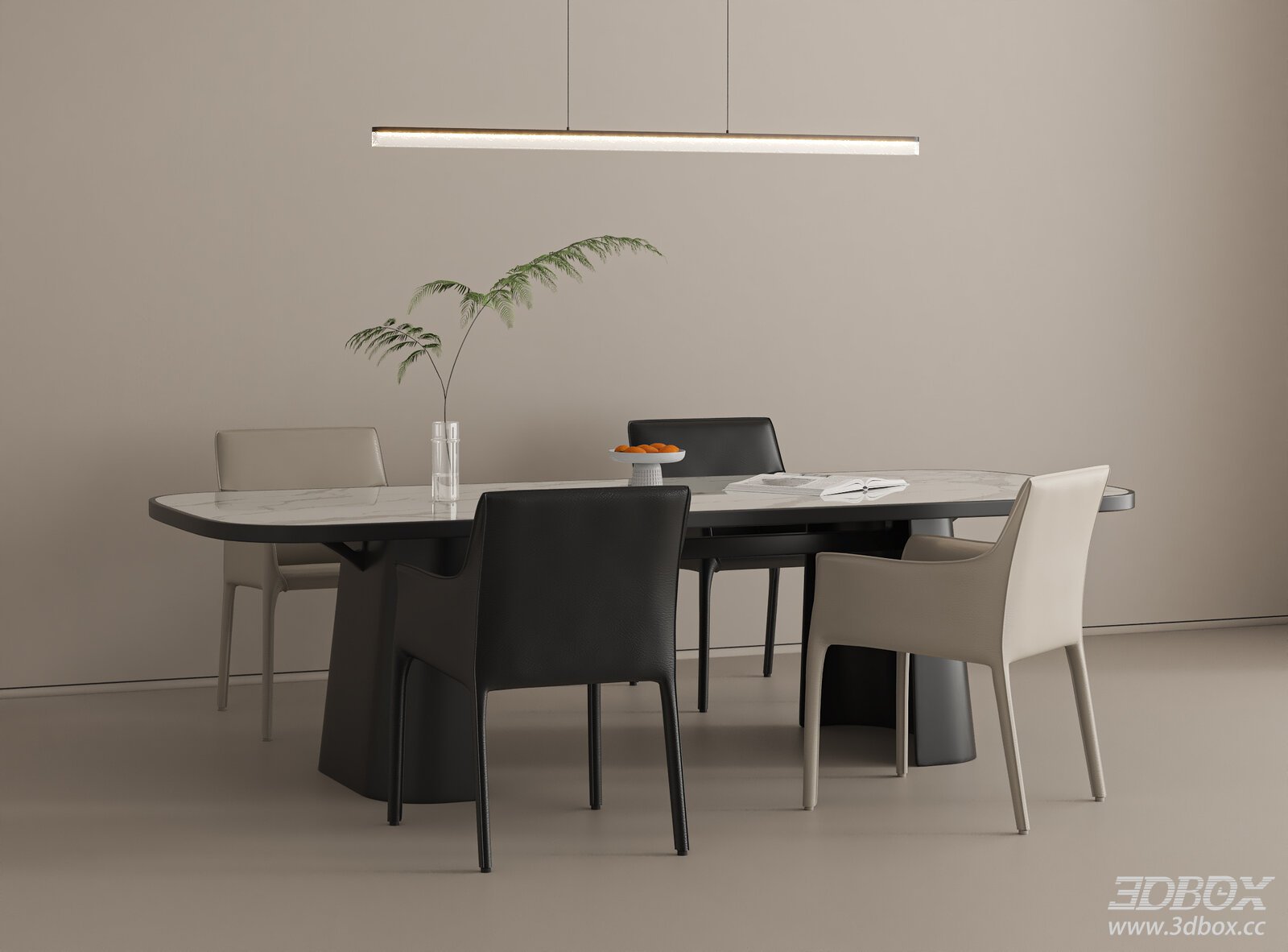 Modern Minimalist Marble Dining Table and Chairs Set 3D model - front view
