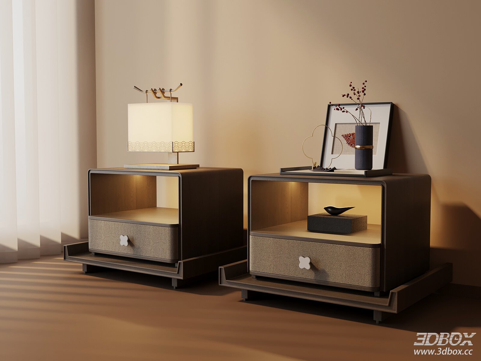 New Chinese Style Nightstand Set with Table Lamp and Decor 3D model - front view