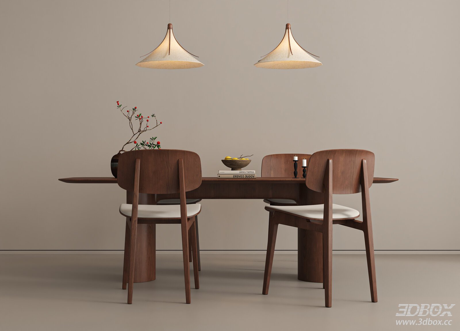 Wabi Sabi Mid Century Walnut Dining Table and Chairs Set 3D model - front view