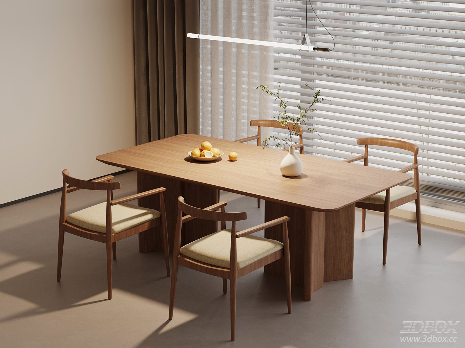 Modern Wood Dining Table and Chairs Set 3D model - front view