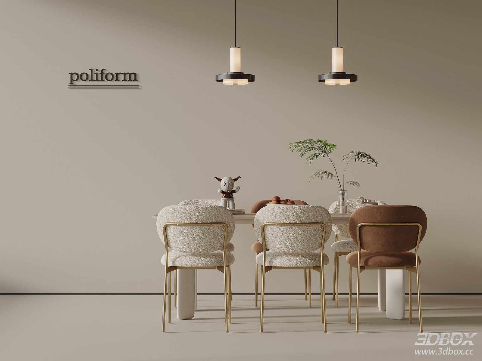 Modern Cream Style Dining Table and Chairs Set 3D model - front view